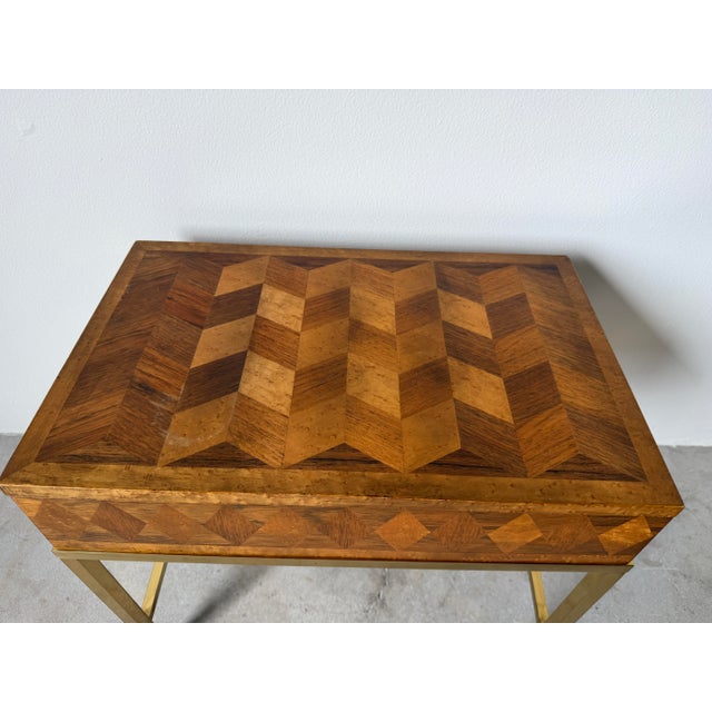 Mid-Century Modern Baker Collector’s Edition Geometric Burl Wood & Brass Small Storage Chest For Sale - Image 3 of 12