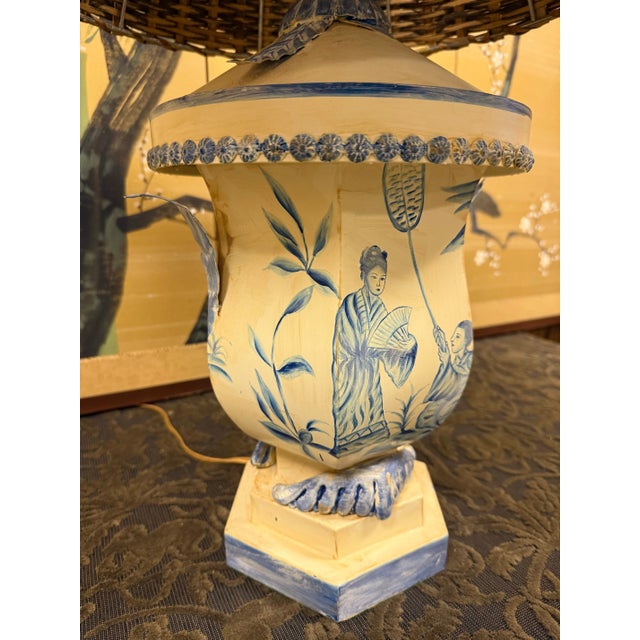 Vintage Chinoiserie Tole Table Lamp With Wicker Shade For Sale - Image 4 of 11