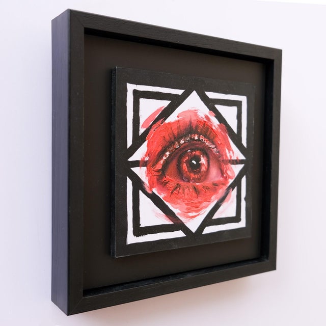Embers Stare 3 by Stefan Smit | Oil on Panel Eye in red tones with geometric background For Sale - Image 4 of 5