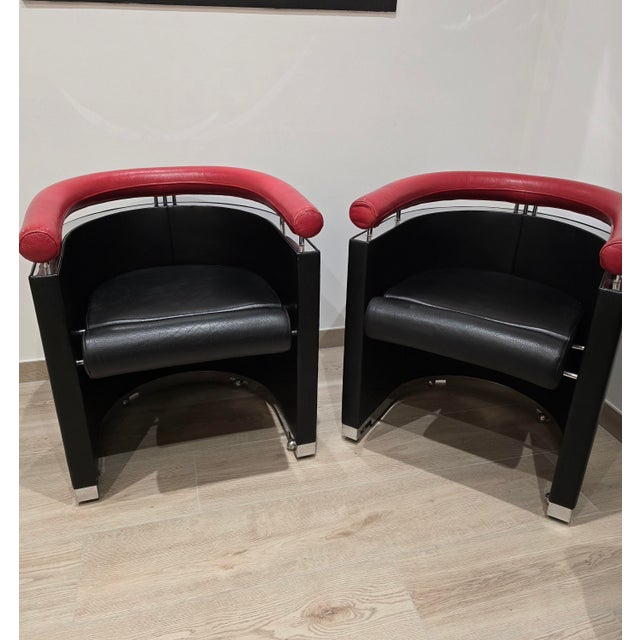 Armchairs in Black and Red Leather Chrome, 1980s, Set of 2 For Sale - Image 3 of 17