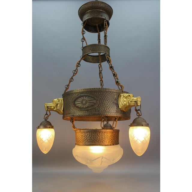German Art Deco Metal and Frosted Glass Chandelier with Dog Heads, 1930s For Sale - Image 6 of 18