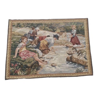 Vintage Handmade Chinese Pastoral Figural Tapestry Wall Hanging, 36" X 47" For Sale