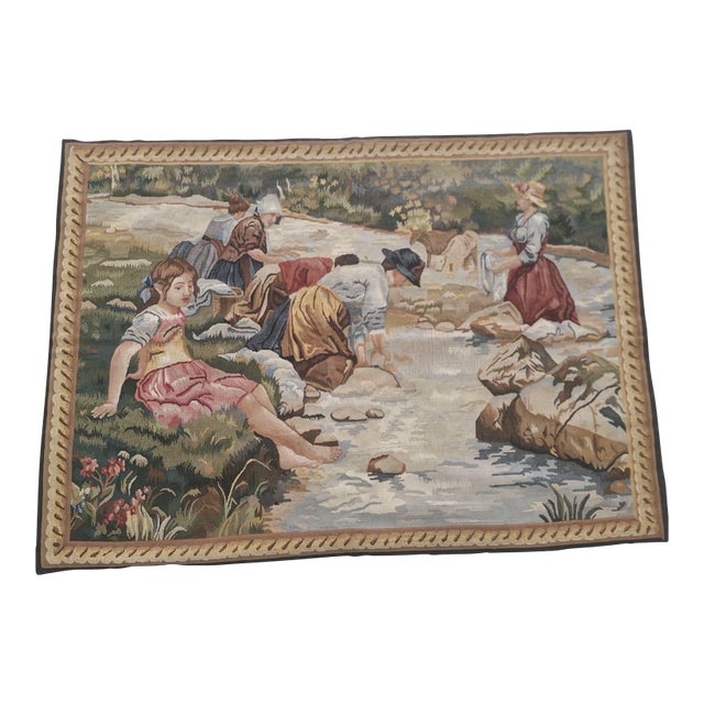 Vintage Handmade Chinese Pastoral Figural Tapestry Wall Hanging, 36" X 47" For Sale