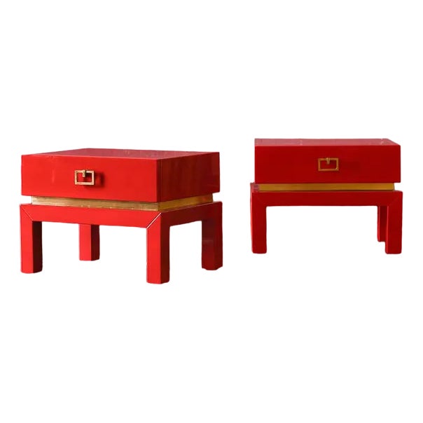 China Red Bedside Tables with Brass Details from the 1970s, Set of 2 For Sale