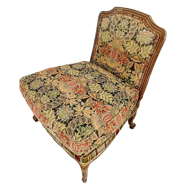 Wood Late 20th Century Louis XV Style Oversized Tapestry & Plaid Slipper Chairs by Wesley Hall - A Pair For Sale - Image 7 of 11