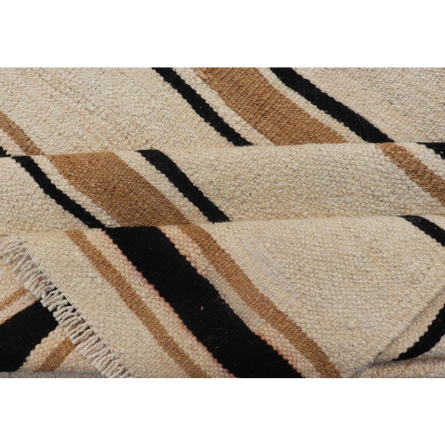 Vintage Turkish Kilim Rug With Ivory, Brown and Deep Charcoal Stripes For Sale - Image 10 of 11