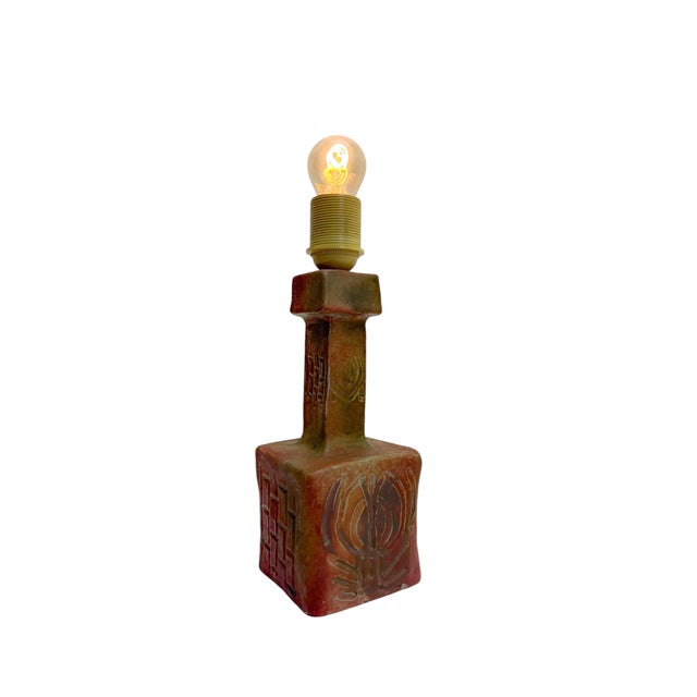 Brutalist Ceramic Table Lamp with Carved Geometric Patterns, Belgium, 1970s For Sale - Image 10 of 12