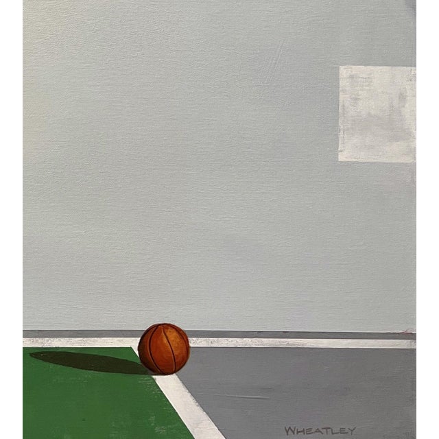 This artwork depicts a minimalist basketball court scene, focusing on a lone hoop and a solitary basketball resting on the...
