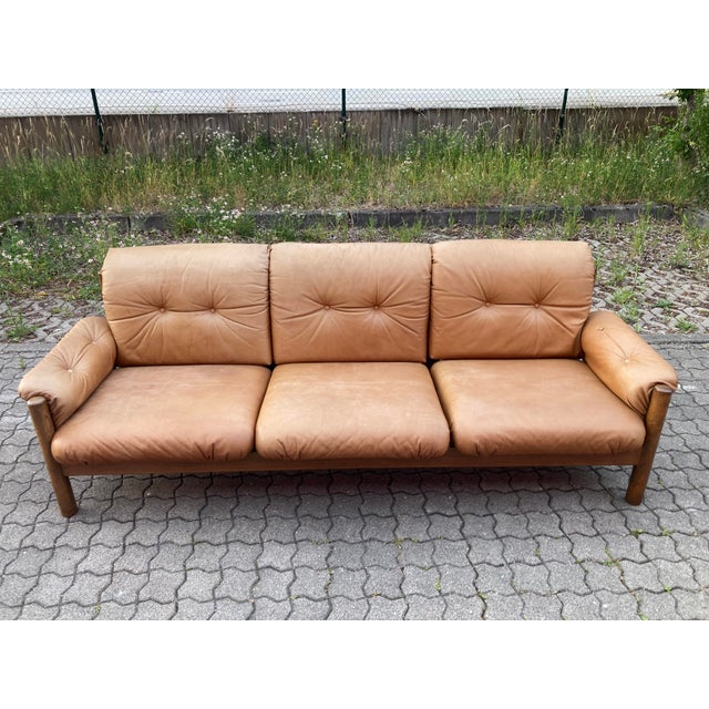 Mid-Century Modern Vintage Cognac Caramel Aniline Leather Sofa, 1970s For Sale - Image 3 of 18