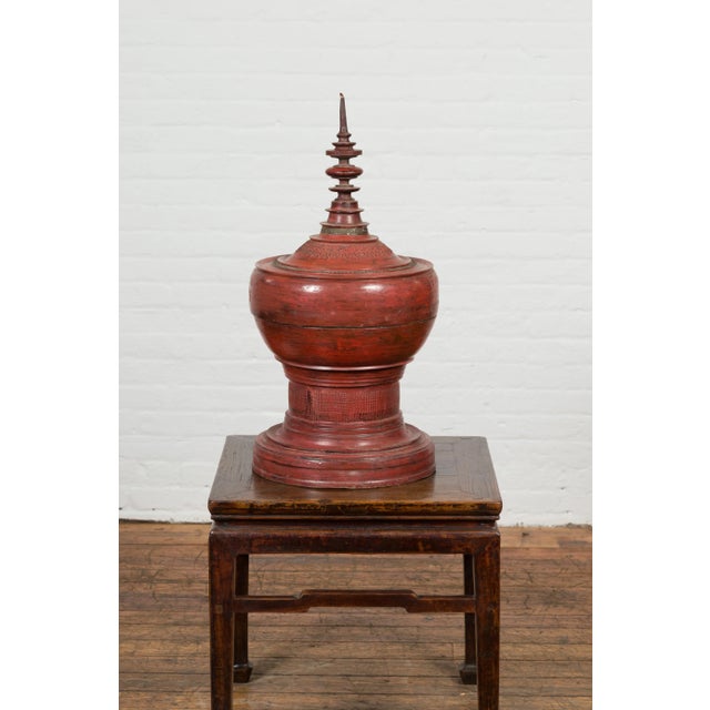 19th Century Burmese Cinnabar Palembang Lacquer Temple Offering Bowl with Lid For Sale - Image 10 of 12