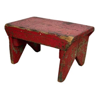 Antique Primitive Farmhouse Red Wood Milking Foot Stool For Sale