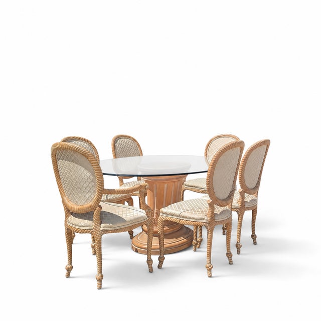 Vintage Carved Wood Oval Glass Dining Set With Six Upholstered Chairs For Sale - Image 14 of 18