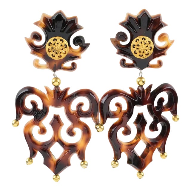 Isabel Canovas Tortoise Resin Dangle Carved Clip Earrings For Sale
