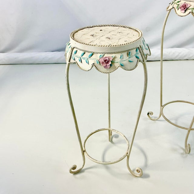 1950s Vintage French Style Boho Chic Scalloped Tole Rose Plant Stands - Set of 2 For Sale - Image 11 of 18