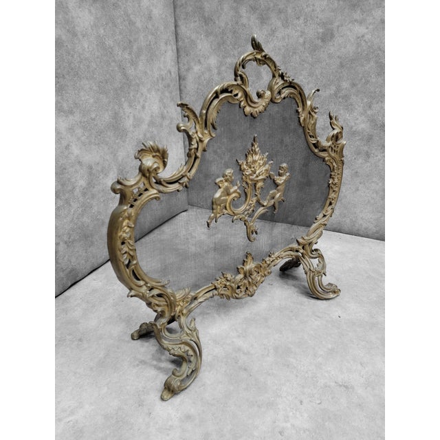 Brass Antique Louis Style French Brass Cherub and Floral Free Standing Fire Screen For Sale - Image 8 of 10