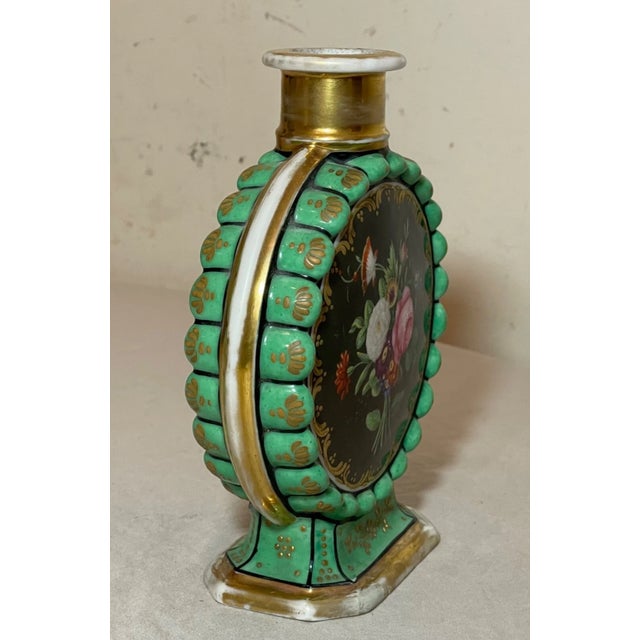 French Antique 19th Century Hand Painted Floral French Gilt Porcelain Bud Moon Vase For Sale - Image 3 of 10