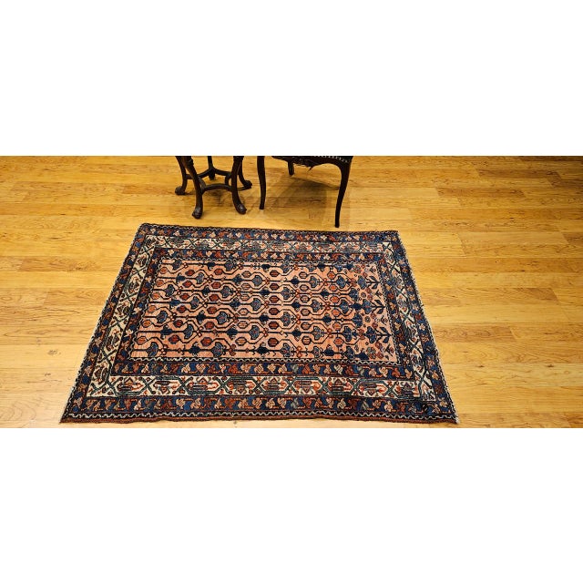 Textile Antique Persian Malayer Area Rug, Hand-Knotted Wool, Geometric Pattern, 4x5, Red & Navy For Sale - Image 7 of 16
