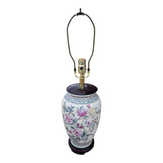 Vintage Chinese Porcelain Floral Table Lamp With Hardwood Base & Pleated Shade For Sale
