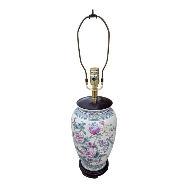 Vintage Chinese Porcelain Floral Table Lamp With Hardwood Base & Pleated Shade For Sale