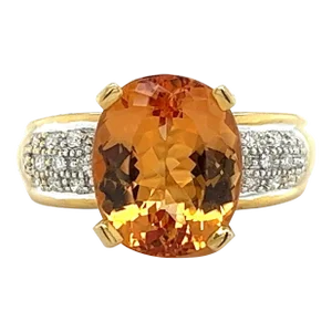 Vintage 6 Carat Oval Cut Orange Topaz and Round Cut Diamond Ring in 18K Solid Go, Size 7.75