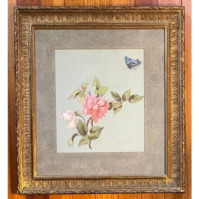 Victorian Antique 19th Century American Floral Botanical Watercolor Study of a Rose and Butterfly Signed Copely in Gilt Frame For Sale - Image 3 of 10