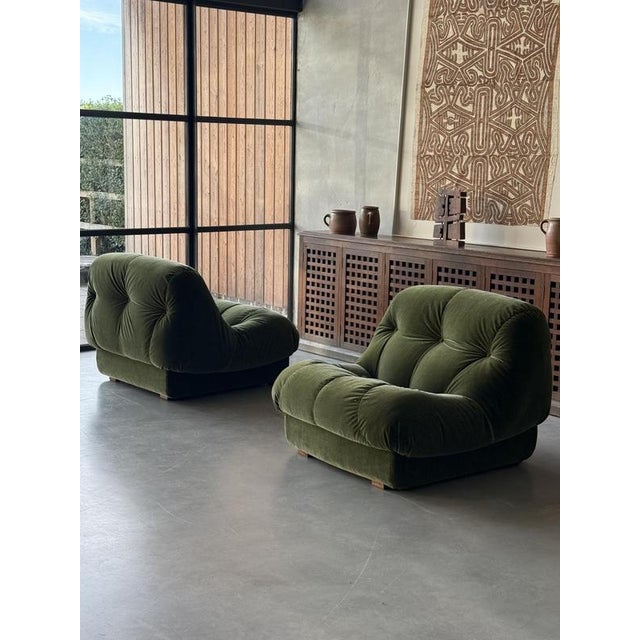 A Plush Pair of 1970s Italian Lounge Chairs in newly upholstered green velvet. Super comfy and of Intuitive Design, these...