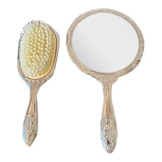 Vintage Ornate Floral Vanity Mirror and Hairbrush Set For Sale