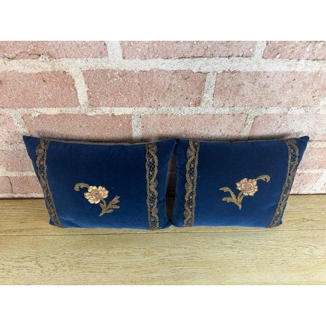 Pair of Sapphire Velvet Pillows with 19th Century Gold Metallic Floral Embroidery and Antique Gold Lace Trim detail. A...
