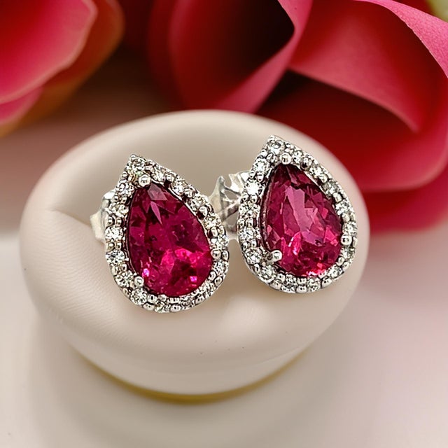 Natural Pink Tourmaline Diamond Stud Earrings 14k W Gold 2.02 TCW Certified For Sale - Image 15 of 18