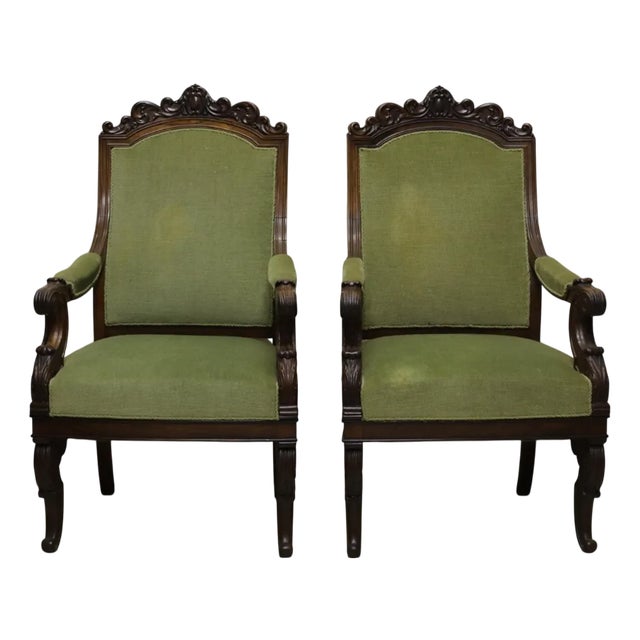 French Napoleon III Style Armchairs in Carved Walnut and Green Upholstery, 1860, Set of 2 For Sale