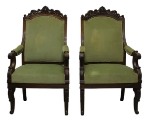 French Napoleon III Style Armchairs in Carved Walnut and Green Upholstery, 1860, Set of 2
