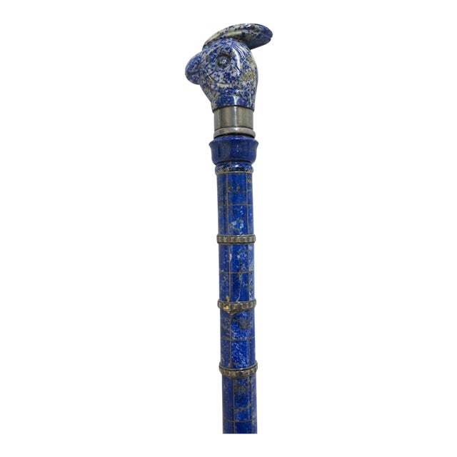 Antique Lapis Lazuli Silver Mounted Bird Head Handle Walking Stick Cane For Sale