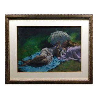 Vicente Romero "Descanso en El Jardin" Original Pastels Figures Hand Signed Artwork For Sale