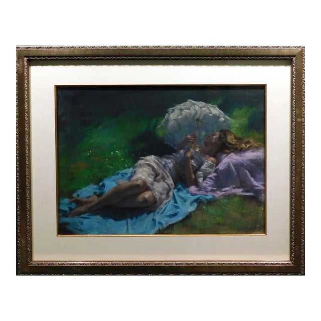 Vicente Romero "Descanso en El Jardin" Original Pastels Figures Hand Signed Artwork For Sale