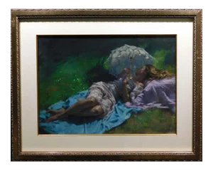 Vicente Romero "Descanso en El Jardin" Original Pastels Figures Hand Signed Artwork