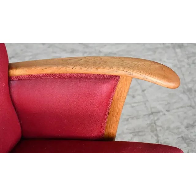 Red Scandinavian Lounge Chair With Oak Armrest Conical Legs Red Wool, 1940's For Sale - Image 8 of 9