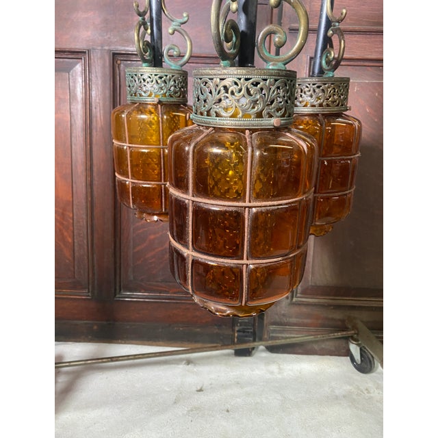 Black Mid Century Spanish Gothic 3 Pendant Amber Swag Chandelier For Sale - Image 8 of 13