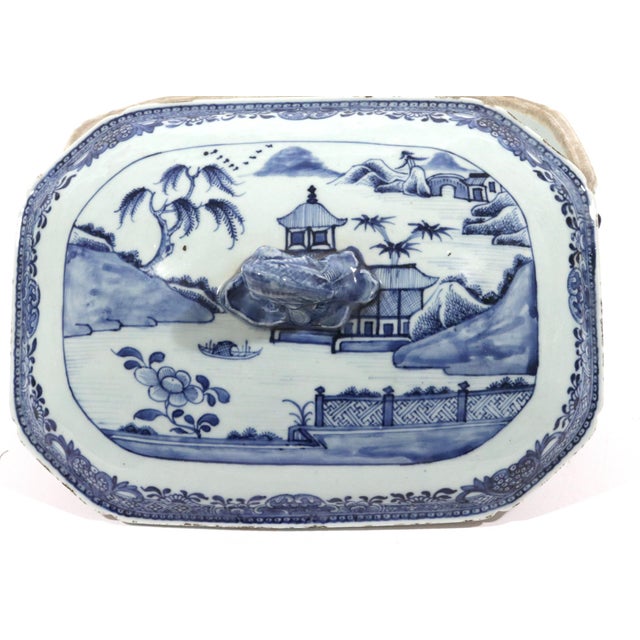 River Pavilion: Chinese Export Porcelain Blue & White Tureen For Sale - Image 9 of 10