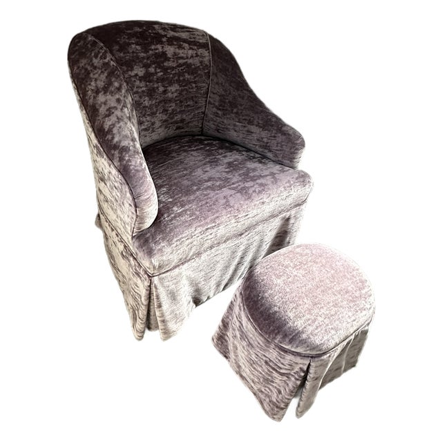 Mauve Velvet Skirted Armchair & Ottoman Set For Sale
