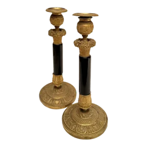 Early 19th Century French Black and Gold Candle Holders - a Pair