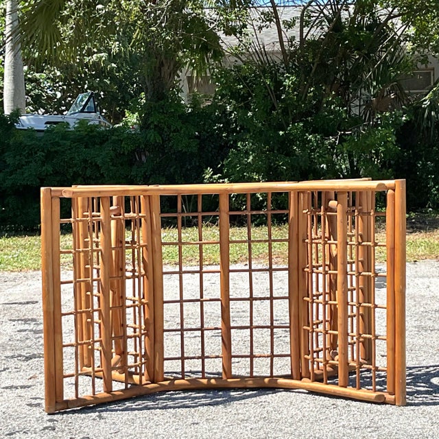 Wood Vintage Coastal Grid Rattan Dining Table Pedestal Base For Sale - Image 7 of 9