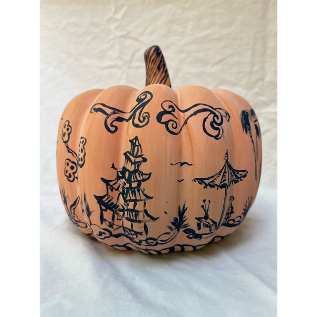 Farmhouse Hand Painted Chinoiserie Ceramic Pumpkin For Sale - Image 3 of 9