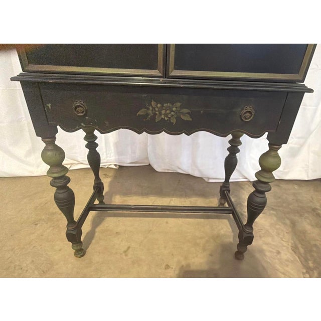 Antique Art Deco Chinoiserie Black and Green Hand Painted Drop Front Desk For Sale - Image 10 of 14