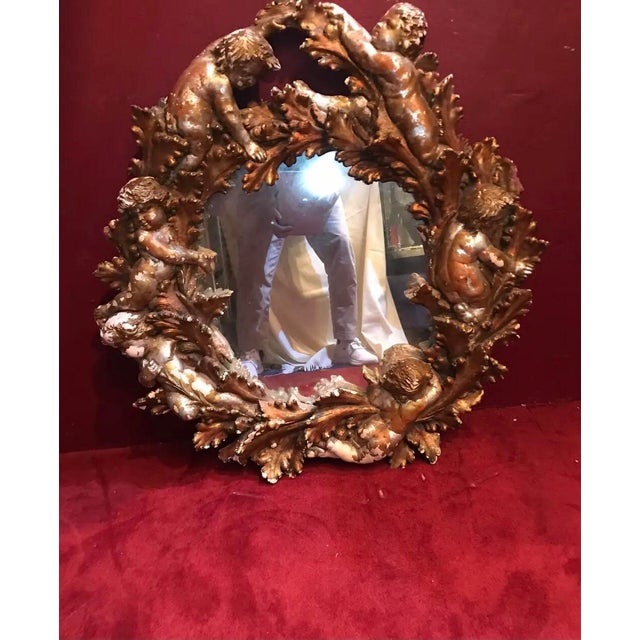 1990s 19th Century Italian Distress Gilt Mirror Frame With Cherubs Wreath For Sale - Image 5 of 8