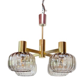Mid-Century Brass Pendant Light with Glass Tulips, 1960s For Sale