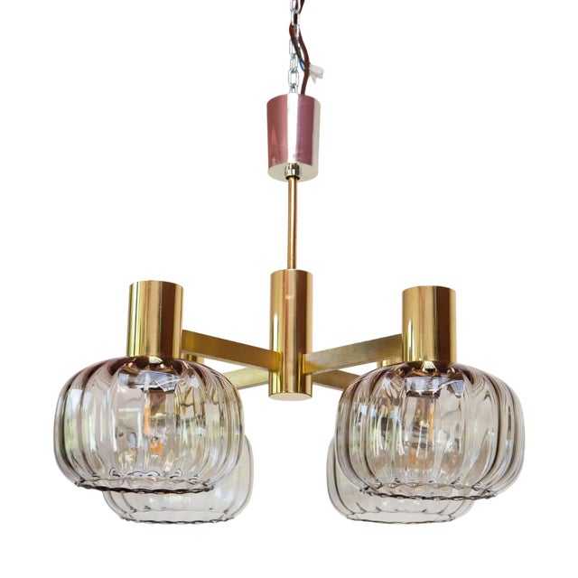Mid-Century Brass Pendant Light with Glass Tulips, 1960s For Sale