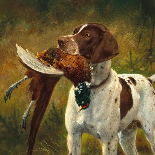 English Pointer With Pheasant Framed 11x14" Oil Painting Print on Canvas, Brown & Gold Frame For Sale - Image 4 of 4