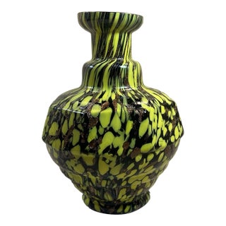 Vinatge Murano Style Hand Blown Yellow Black Spatter Design Art Glass Vase For Sale