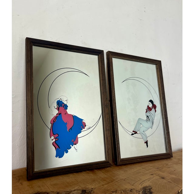 Vintage Art Deco Mirrors with Pierrot Harlequin on Crescent Moon Artwork, 1970s, Set of 2 For Sale - Image 17 of 17
