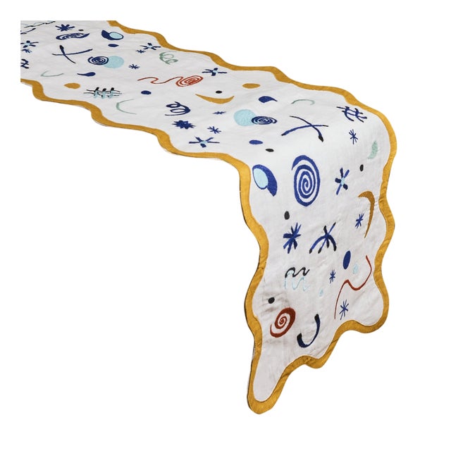 Misette Celestial Linen Embroidered Runner in Mulitcolor For Sale